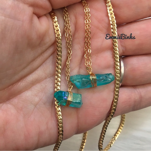 New Aqua Green Aura Quartz Crystal Dual Copper Chain Layered Necklace - Picture 4 of 16